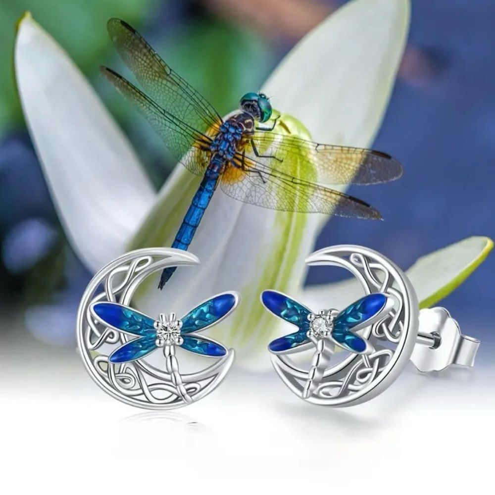 Blue Winged Dragonfly & Moon Stud Earrings